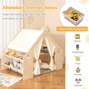 Six removable storage bins along one side of the wooden playhouse, filled with example toys and books