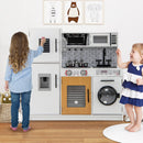 White play kitchen with washing machine and light-up hob, pretend play scene