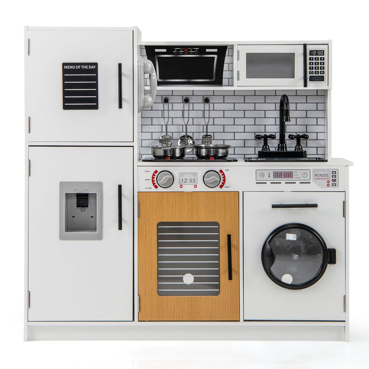 White play kitchen with washing machine and light-up hob, front view