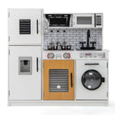 White play kitchen with washing machine and light-up hob, front view