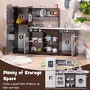 Dark brown play kitchen with storage doors open and styling accessories shown
