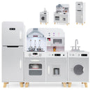 Grey three-piece modular play kitchen with separate fridge, cooker and washing-machine modules