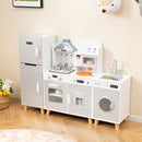 Grey modular play kitchen arranged in a row with toy range hood, microwave, oven and sink