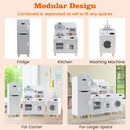 Three separate grey play kitchen modules showing fridge, kitchen and washing machine