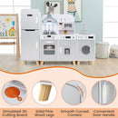Grey modular play kitchen with close-ups of pine legs, door handles and curved corners