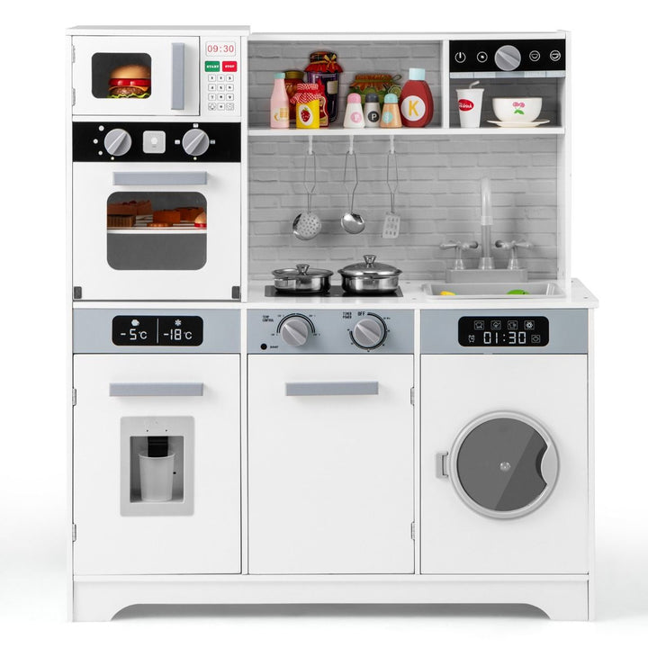 White play kitchen with toy appliances, dispenser and washing-machine door