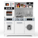 White play kitchen with toy appliances, dispenser and washing-machine door