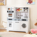White play kitchen in a styled playroom; extra props are not included