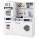 Angled view of white kitchen, toy sink and cookware