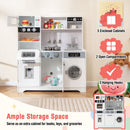 Open kitchen compartments and three utensil hooks