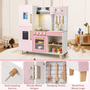 Pink play kitchen with close-ups of supplied anti-toppling device, metal hinges, hooks and pine legs