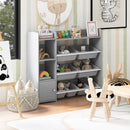 Grey kids storage organiser with eight bins and a side cabinet: playroom lifestyle with eight bins