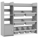 Grey kids storage organiser with eight bins and a side cabinet: empty grey storage organiser