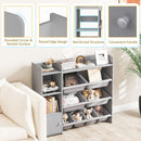 Grey kids storage organiser with eight bins and a side cabinet: corner, raised-edge, frame and handle details
