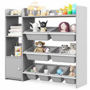 Grey kids storage organiser with eight bins and a side cabinet: filled organiser showing bin and cabinet layout