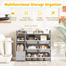 Grey kids storage organiser with eight bins and a side cabinet: labelled compartment layout