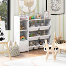 White kids storage organiser with eight bins and a side cabinet: playroom lifestyle with eight bins