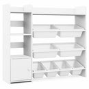 White kids storage organiser with eight bins and a side cabinet: empty white storage organiser