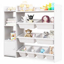 White kids storage organiser with eight bins and a side cabinet: filled organiser showing bin and cabinet layout