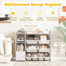 White kids storage organiser with eight bins and a side cabinet: labelled compartment layout
