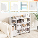 White kids storage organiser with eight bins and a side cabinet: corner, raised-edge, frame and handle details