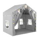 Grey two-door play tent with padded mat, star lights and pennant banner