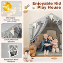 Grey play tent star lights requiring two AA batteries, banner and mesh windows