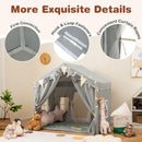 Grey play tent PVC frame connections, fasteners and curtain ties