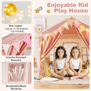 Pink play tent star lights requiring two AA batteries, banner and mesh windows