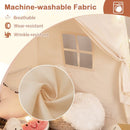 Beige dome tent showing washable fabric, window and tied-back curtain; display props not included