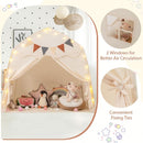 Beige dome tent with close-ups of a window and curtain tie; display props not included