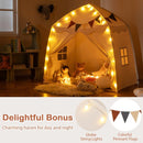 Beige dome play tent showing its decorative light string and pennant banner; cushions and toys not included