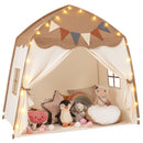 Beige/Coffee dome play tent with tied-back curtains, decorative light string and pennants; toys and cushions are display props
