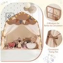 Beige/Coffee dome tent with close-ups of a window and curtain tie; display props not included