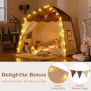 Beige/Coffee dome play tent showing its decorative light string and pennant banner; cushions and toys not included