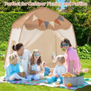 Beige/Coffee dome play tent behind adults and children at an outdoor picnic; picnic items and blanket not included