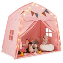 Pink dome play tent with tied-back curtains, decorative light string and pennants; toys and cushions are display props