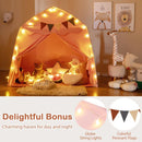 Pink dome play tent showing its decorative light string and pennant banner; cushions and toys not included