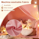 Pink dome tent showing washable fabric, window and tied-back curtain; display props not included