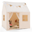 Beige house-shaped play tent with mesh doorway, two windows, star roof, pennants and decorative light string