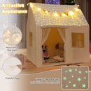 Beige playhouse tent with details of the star light string, pennants and glow-in-the-dark roof pattern