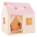 Pink-roof house-shaped play tent with light walls, mesh doorway, pennants and decorative light string