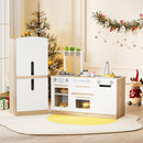 Natural and white play kitchen in a styled room; plants, food and decorations are not included