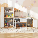 Opening toy fridge and kitchen storage compartments; styling props are not included