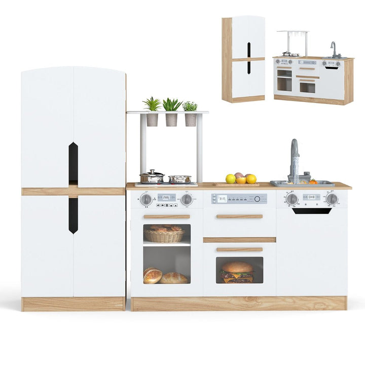 Natural and white two-piece play kitchen with separate four-door toy fridge