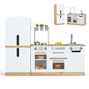 Natural and white two-piece play kitchen with separate four-door toy fridge