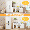 Play kitchen and toy fridge shown together and separately