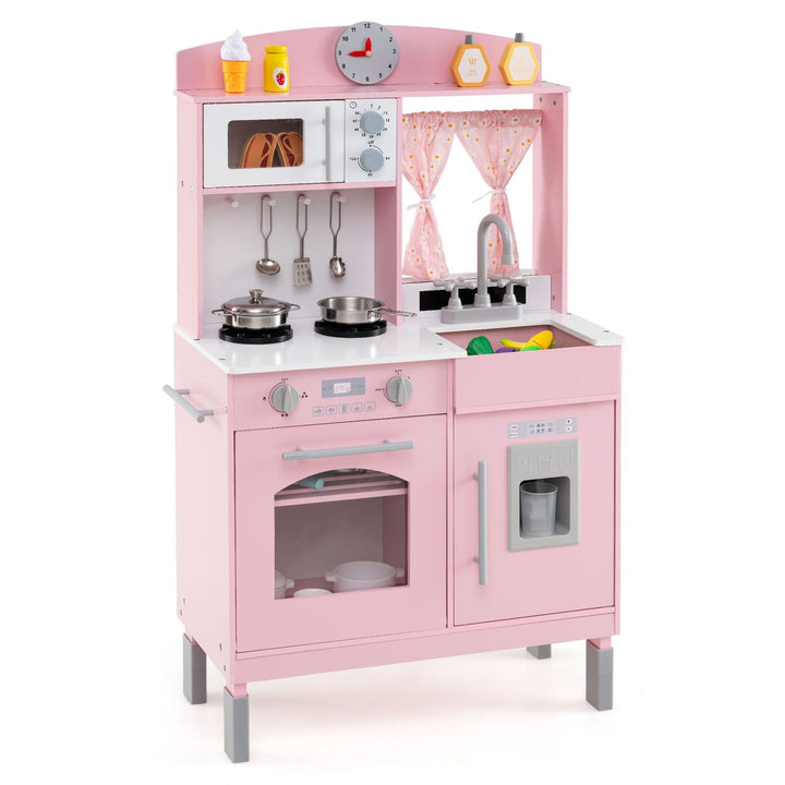 Height-Adjustable Pink Play Kitchen with Toy Ice Dispenser, Pink, product view 2
