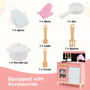 Compact Pink Wooden Play Kitchen with Curtain and Apron, product view 7