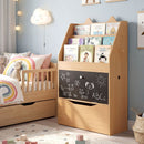 Natural cat-ear kids bookcase with chalkboard and rolling drawer: bedroom styling view